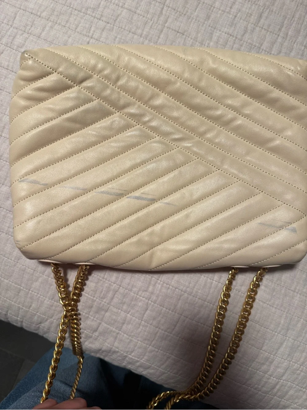 Tory Burch Cream Quilted Shoulder Bag with Gold Hardware